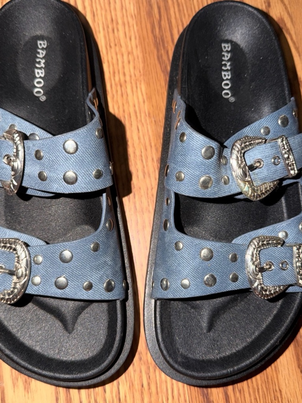 BAMBOO Girls Blue Studded Double-Buckle Sandals